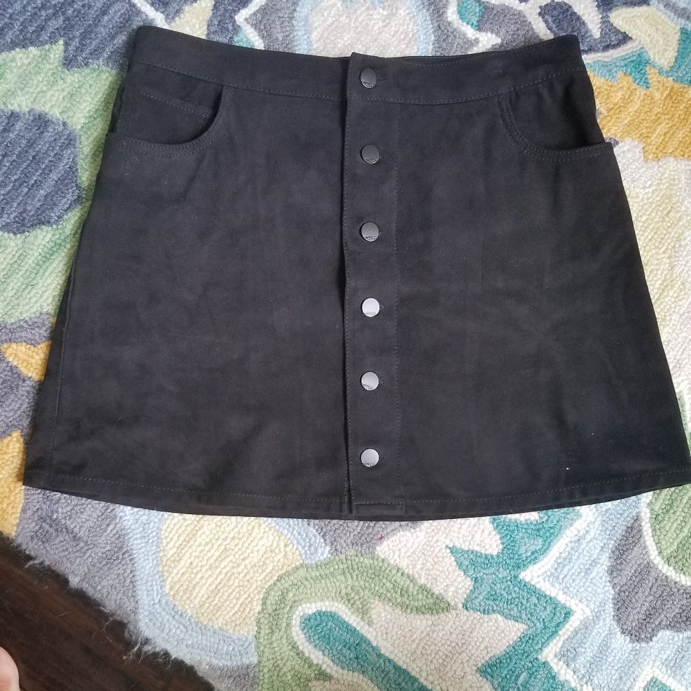Black Button Front Faux Suede A-Line Skirt